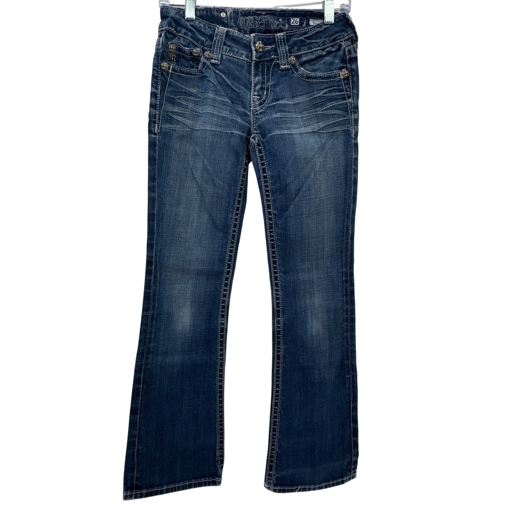 Miss Me JP5005-6R Stonewood Dark Wash Fleur De Lis Bootcut Jeans Womens 26
